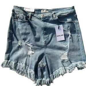 NWT  2x C’est Toi Black Label high rise denim shorts with fringe‎ hem